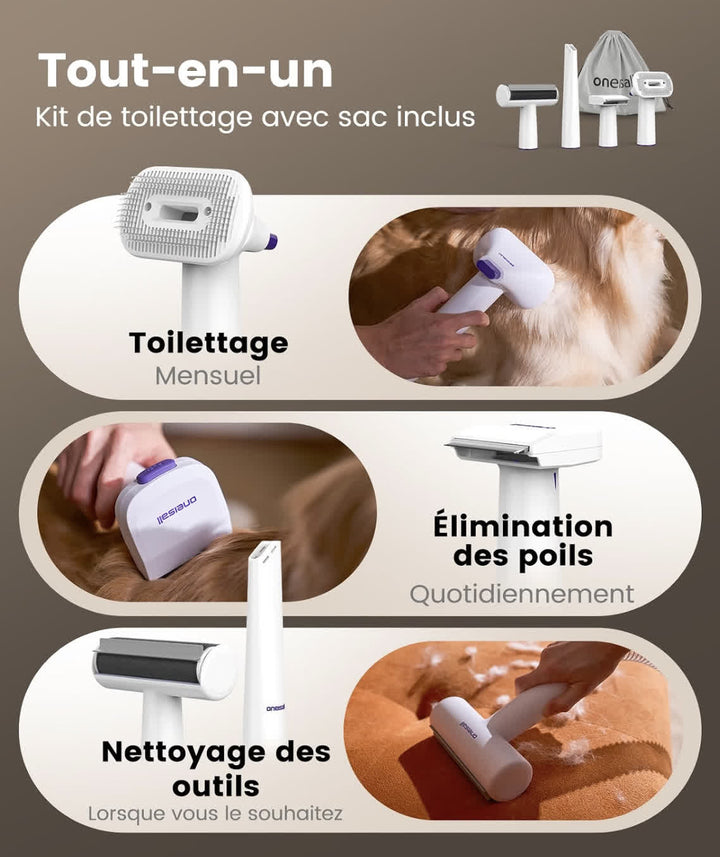 Kit aspirateur de toilettage chien et chat avec quatre accessoires pour le brossage, le désépaississement et le nettoyage des poils
