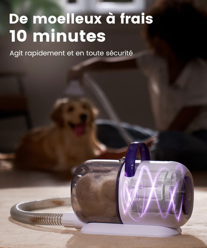 Aspirateur brosse pour chien avec réservoir collecteur de poils amovible et flexible d'aspiration pour le toilettage à domicile