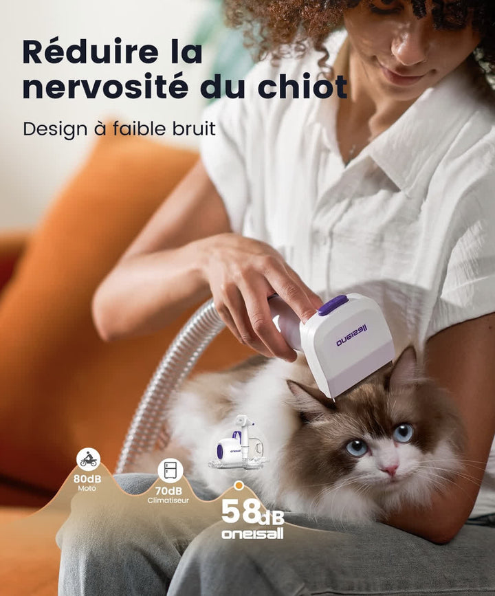 Aspirateur de toilettage pour chien et chat avec brosse aspirante, flexible et réservoir collecteur de poils d'animaux