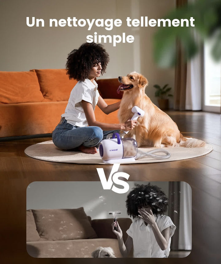 Brosse de toilettage aspirante pour chien permettant de retirer les poils morts du sous-poil pendant les périodes de mue
