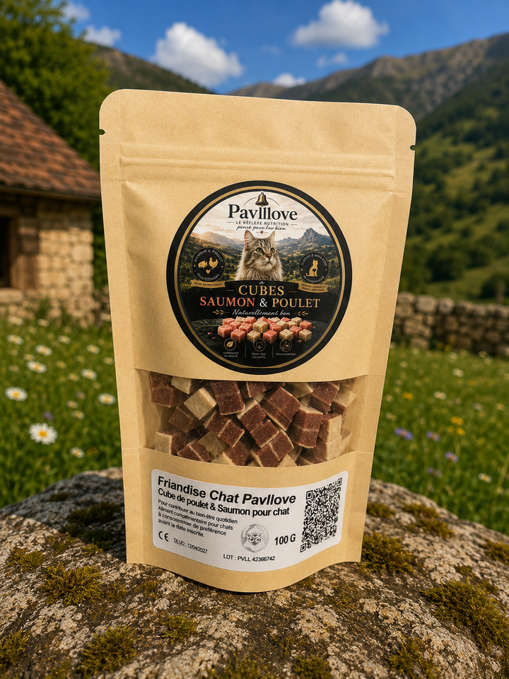 Cubes Poulet & Saumon pour chat 100g ⭐⭐⭐⭐⭐ - Pavllove