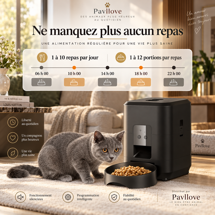 Distributeur de croquettes connecté pour chat et petit chien avec application mobile