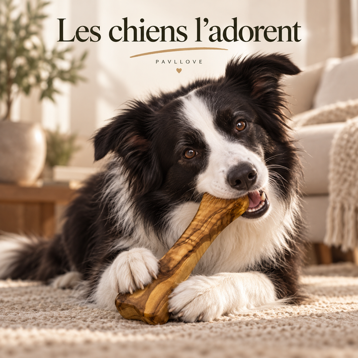 Chien mâchant un os naturel en bois d’olivier Pavllove