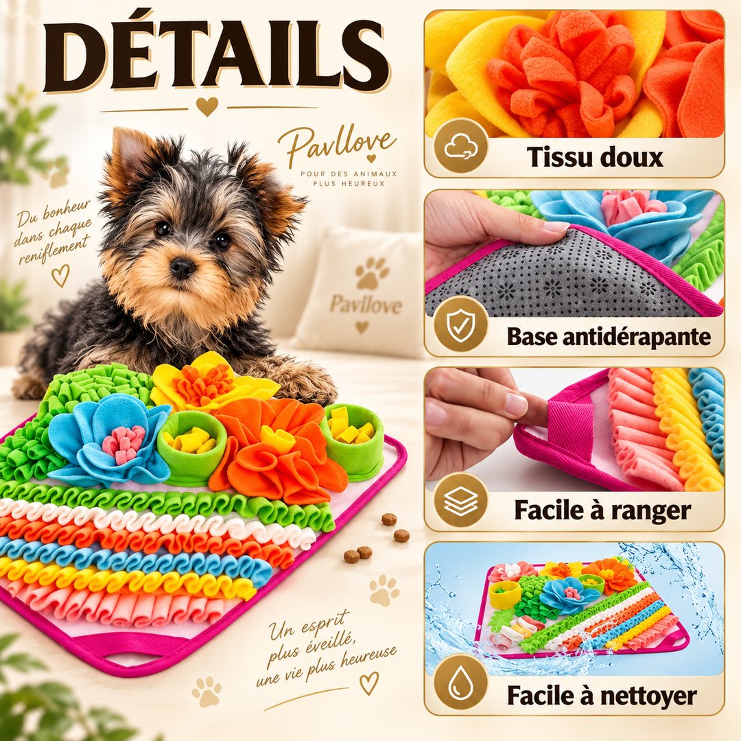Tapis repas lent pour chien et chat avec bandes de tissu et poches à friandises